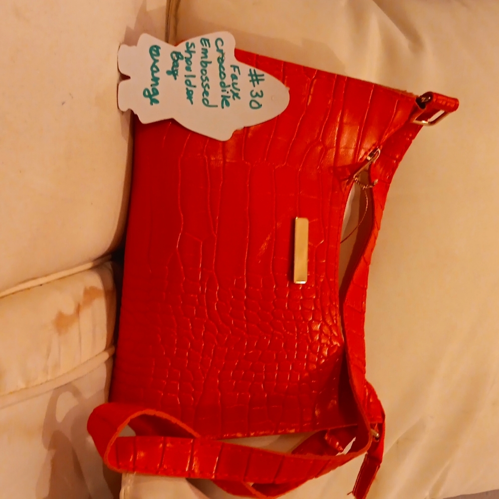 Faux Crocodile Shoulder Bag - Orange